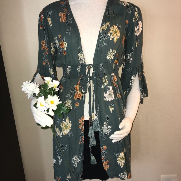 Angie Tops - Angie Moss Green Floral Duster Top